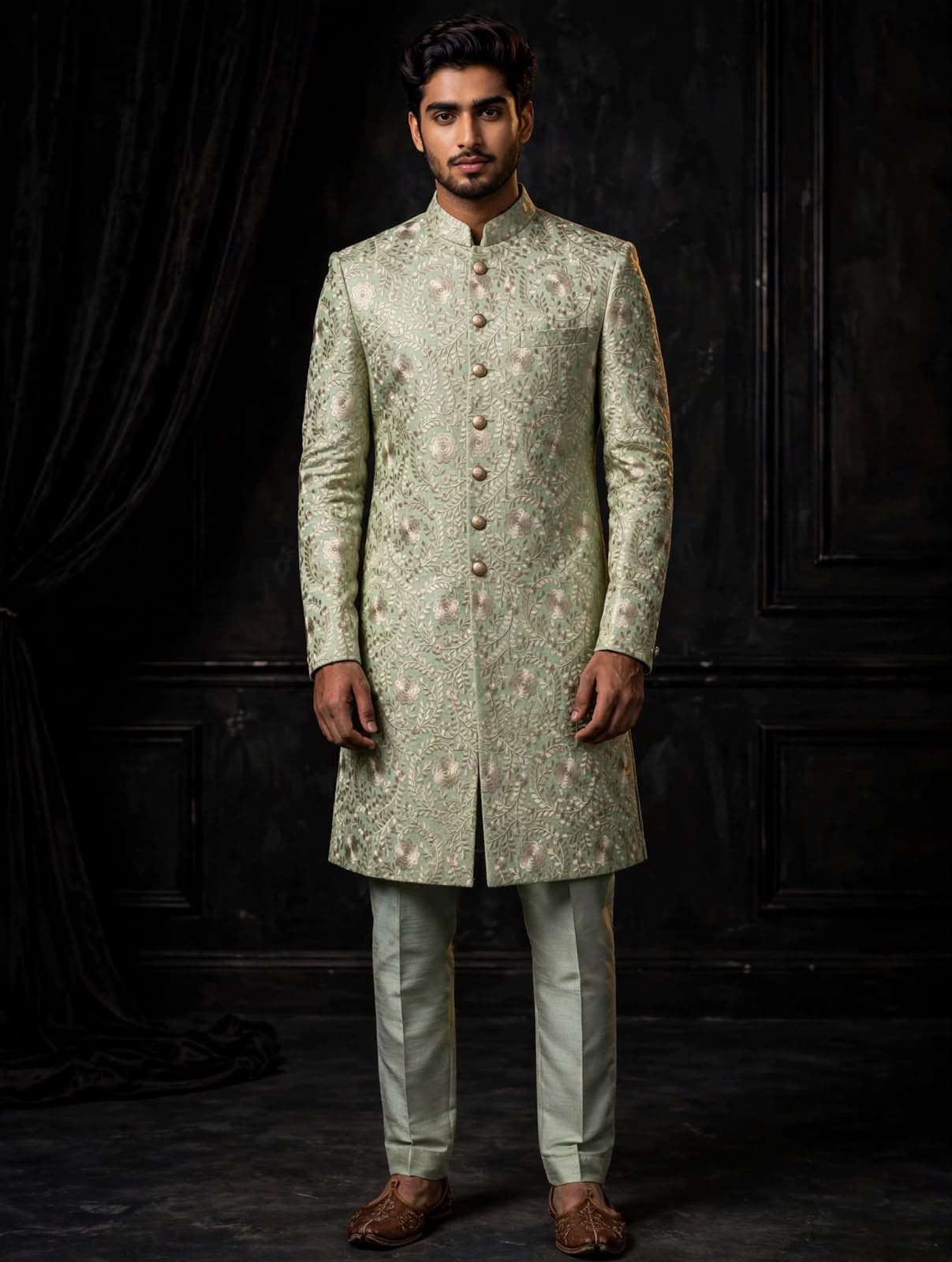 Sage Floral Brocade Sherwani