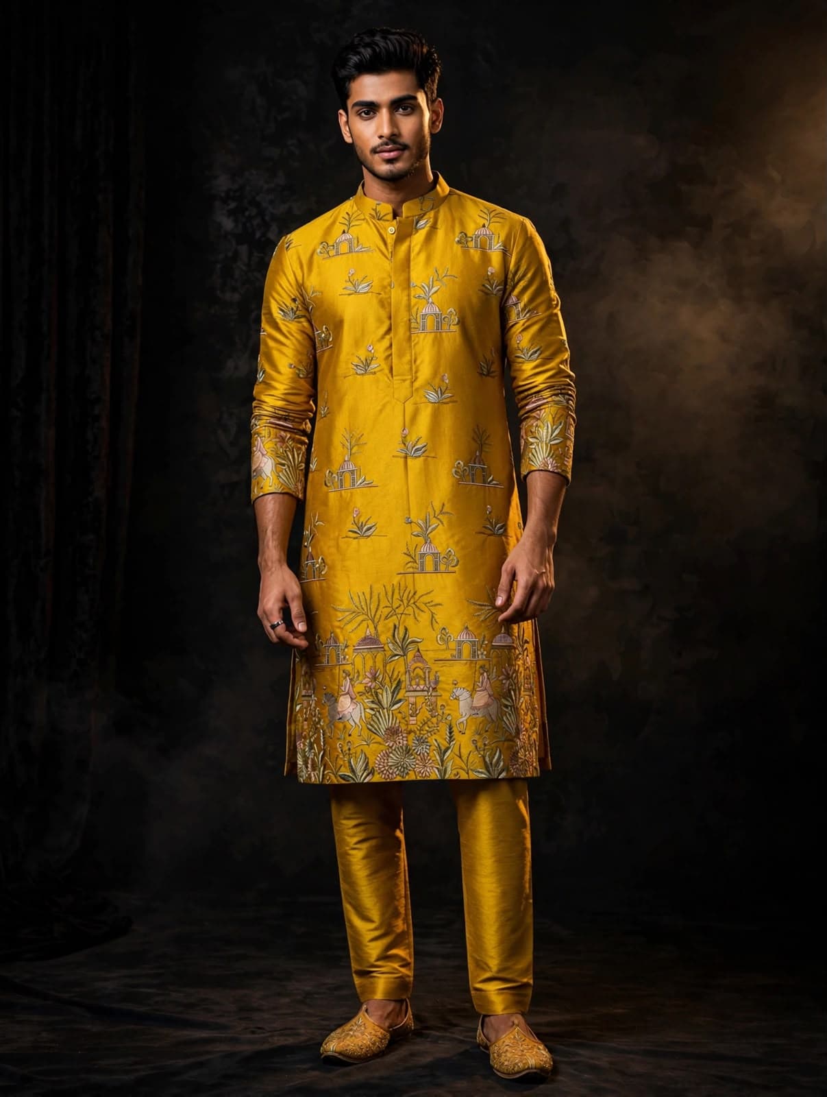 Mustard Heritage-Print Kurta