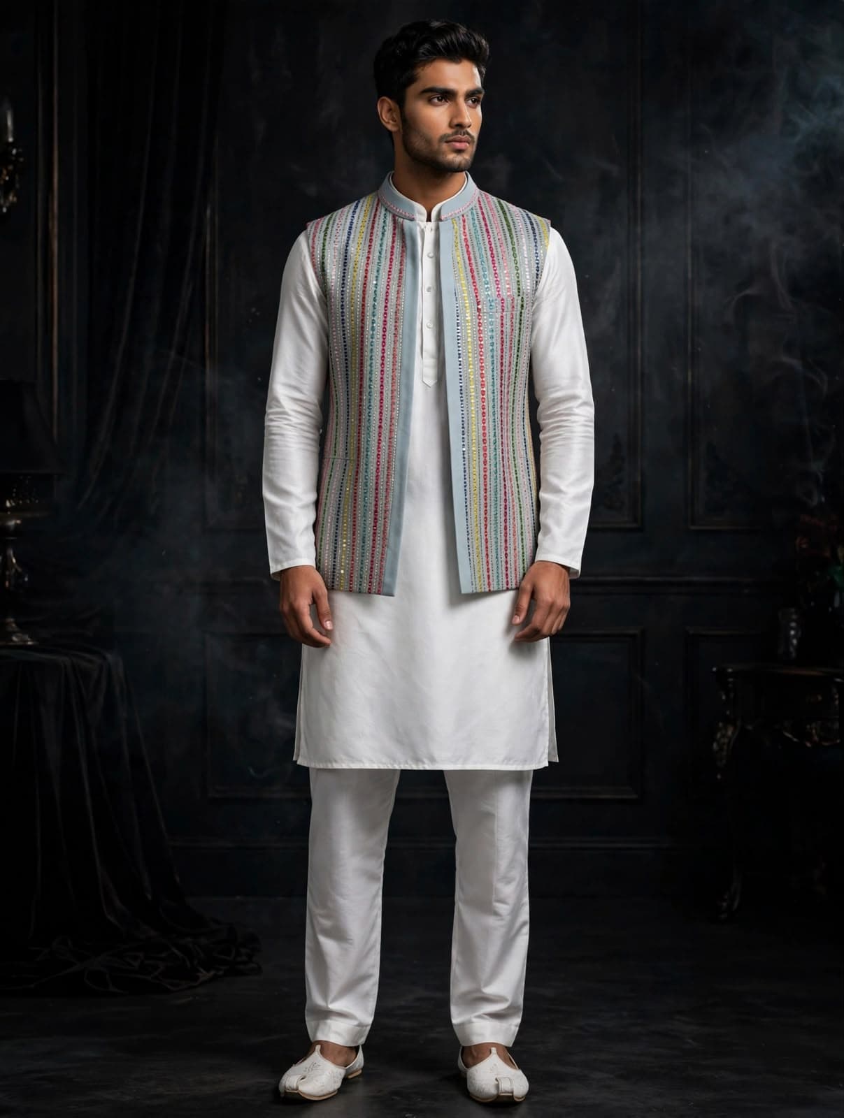 Ivory Multicolour Stripe Nehru Jacket