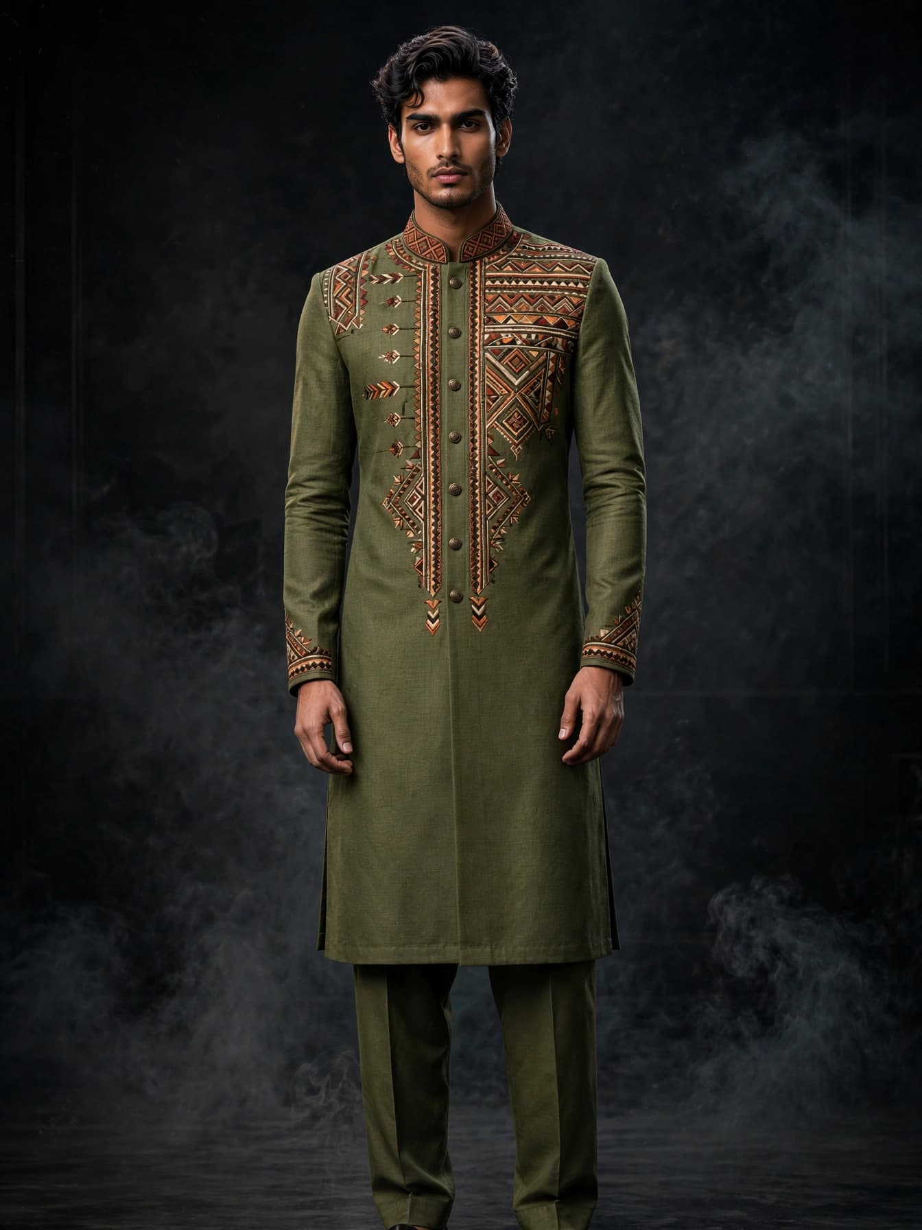 Olive Tribal-Weave Kurta
