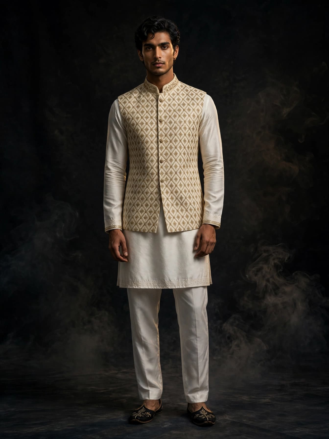 Ivory Diamond Mirror Nehru Jacket
