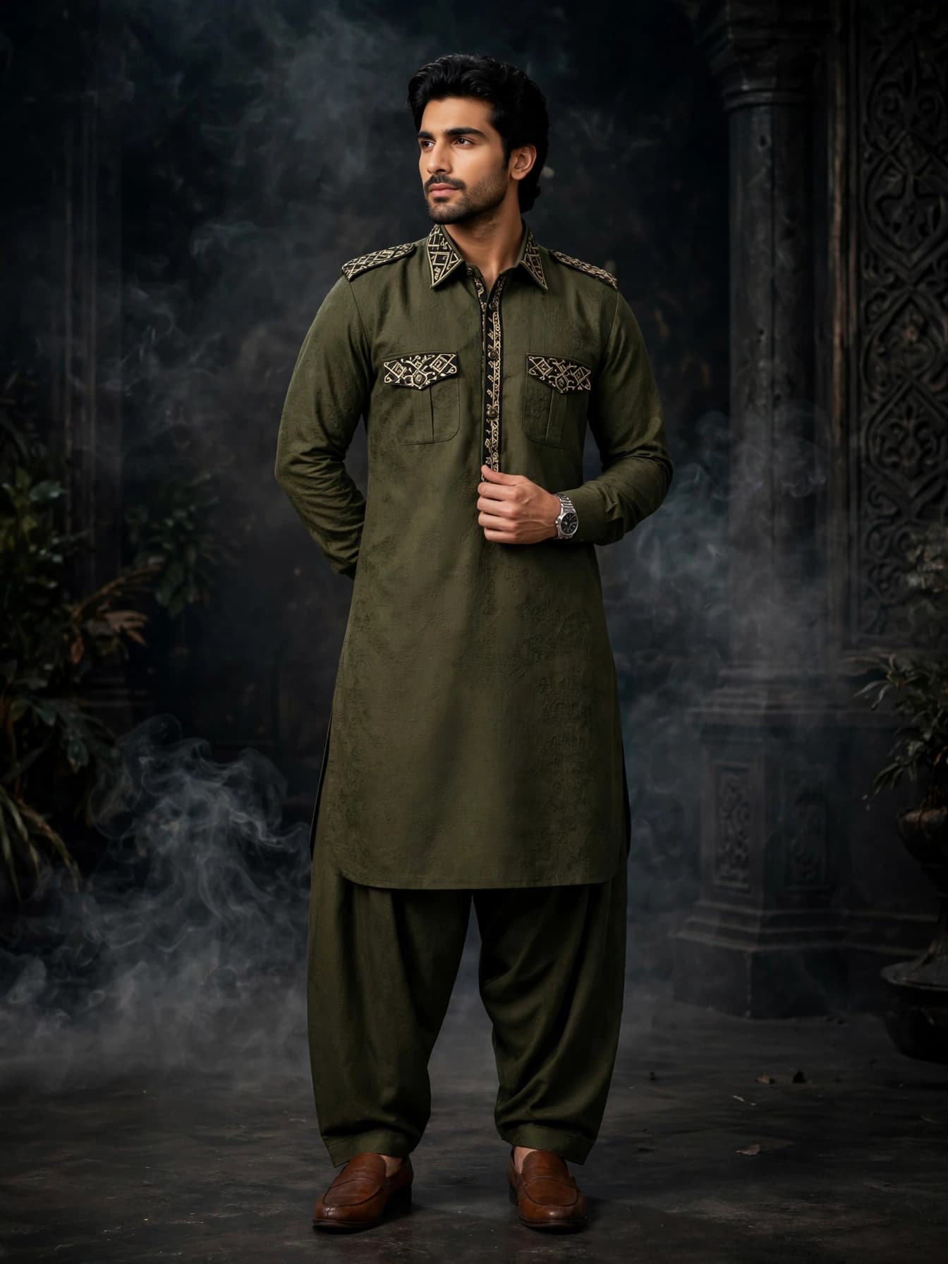 Olive Embroidered Pathani